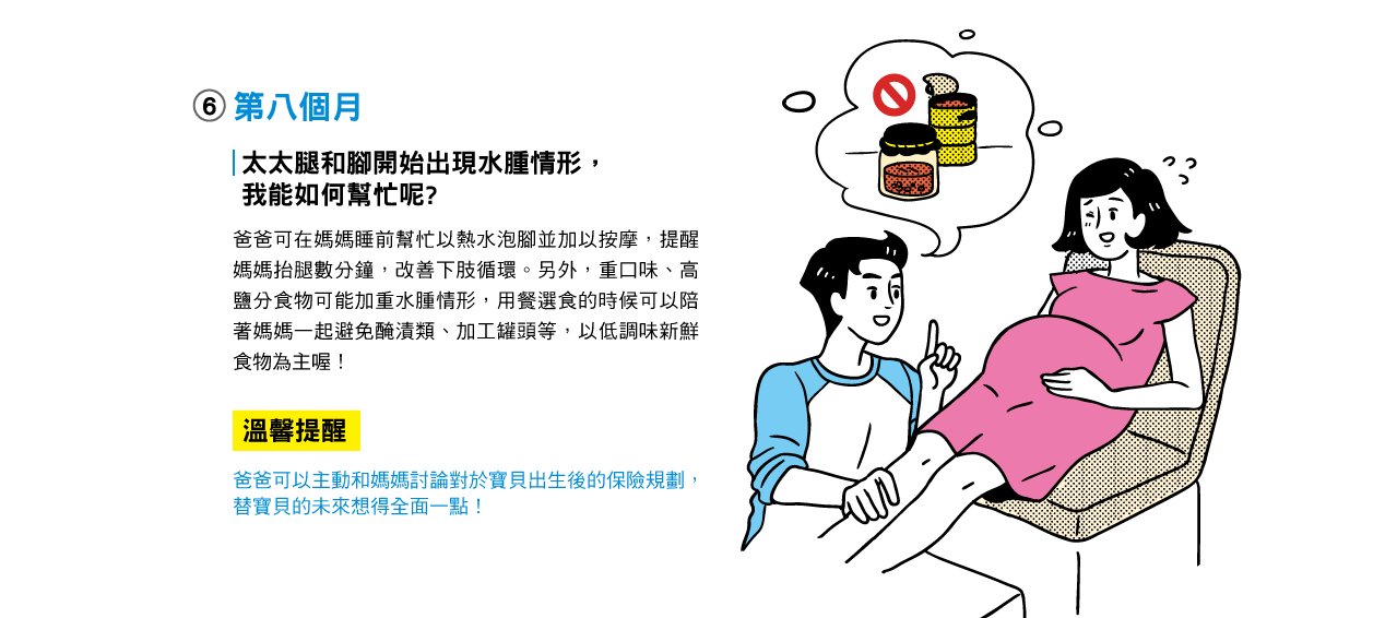 第八個月太太腿和腳開始出現水腫情形，我能如何幫忙呢?