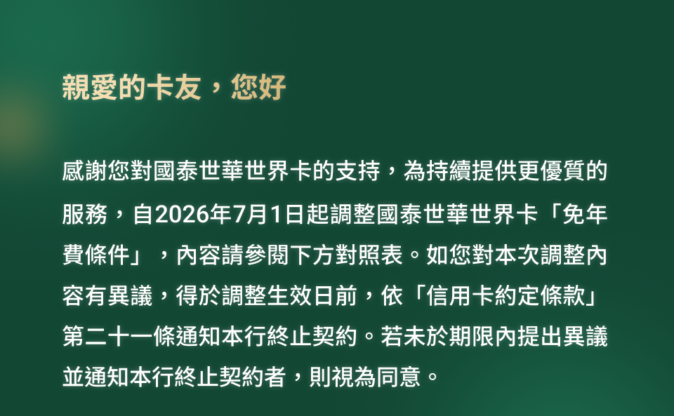 國泰世華世界卡免年費條件調整通知
